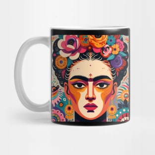 Latina maximalist art, frida kahlo lookalike woman and flowers, folk naïve portrait Mug